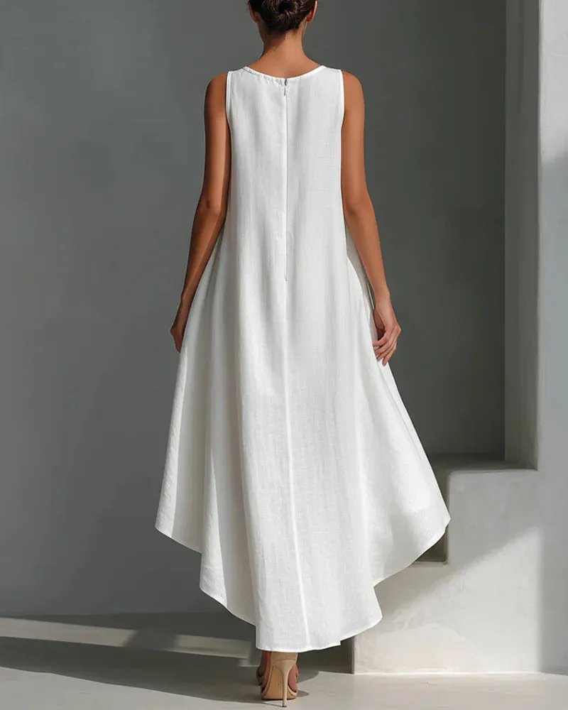 Linen Blend Asymmetrical Hem Sleeveless Midi Dress sold by zeagoo product image thumbnail 3