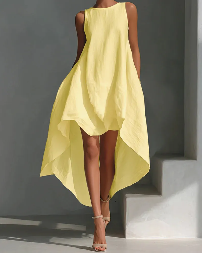 Linen Blend Asymmetrical Hem Sleeveless Midi Dress sold by zeagoo product image thumbnail 2