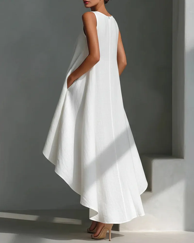 Linen Blend Asymmetrical Hem Sleeveless Midi Dress sold by zeagoo product image thumbnail 4