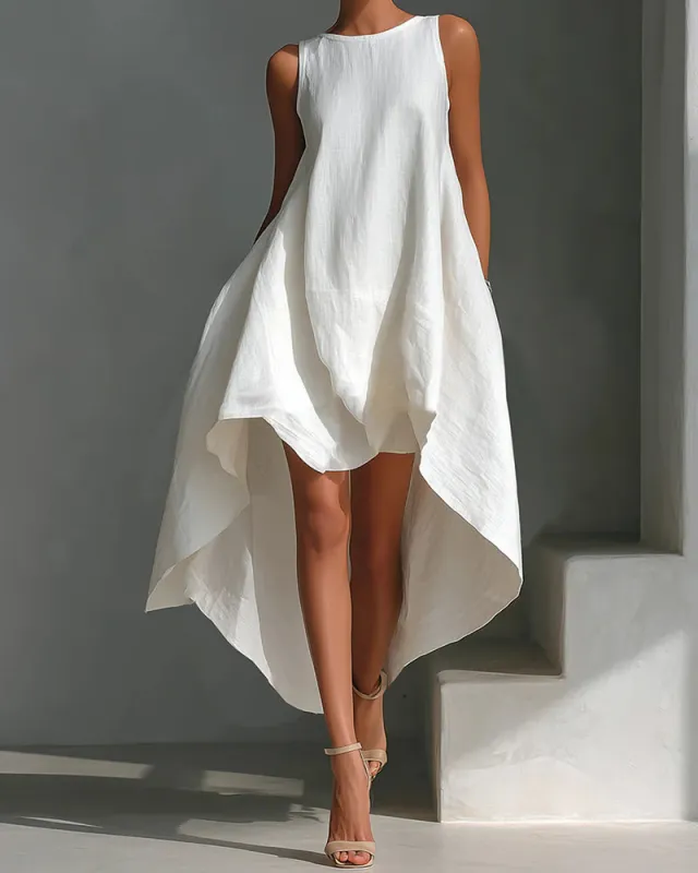 Linen Blend Asymmetrical Hem Sleeveless Midi Dress made by zeagoo