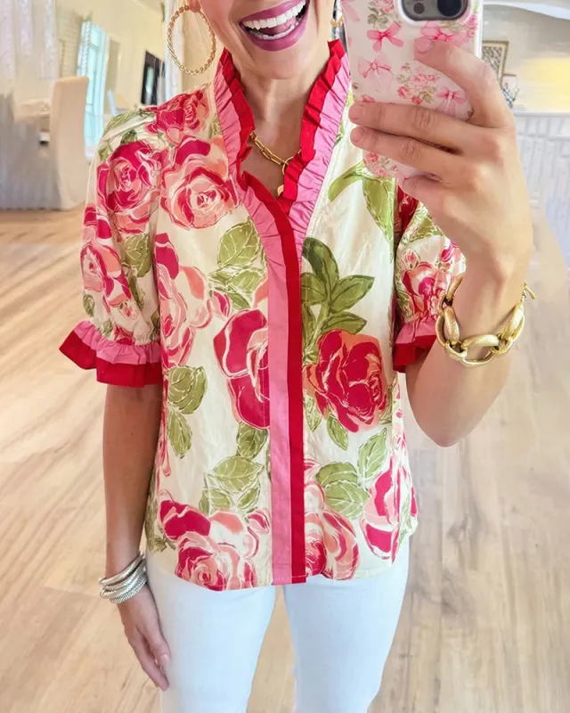 Zeagoo Flower Printed Ruffled Trim Blouse for Women Cute Summer Casual 2026 | Under $40 made by zeagoo