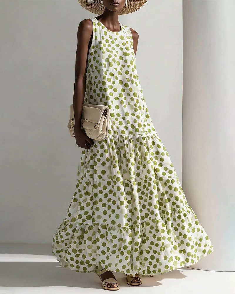Summer Linen Blend Polka Dot Sleeveless Maxi Dress sold by zeagoo