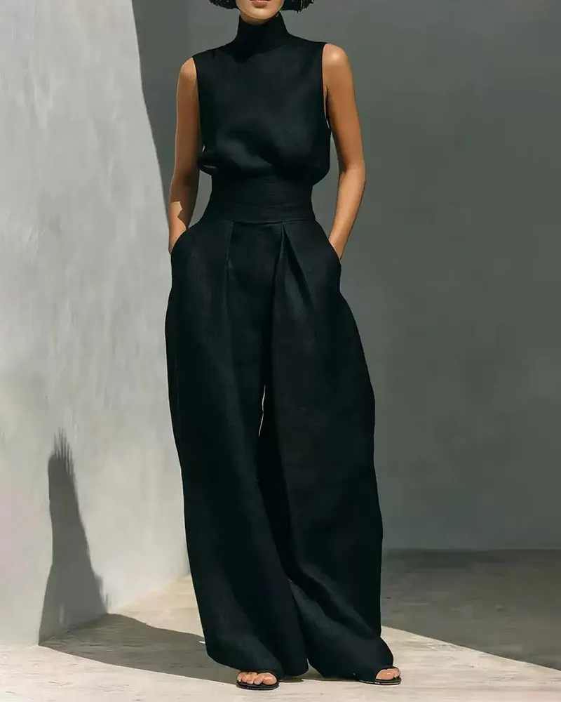 Elegant Minimalist Sleeveless High Neck Top Pants Set sold by zeagoo product image thumbnail 3
