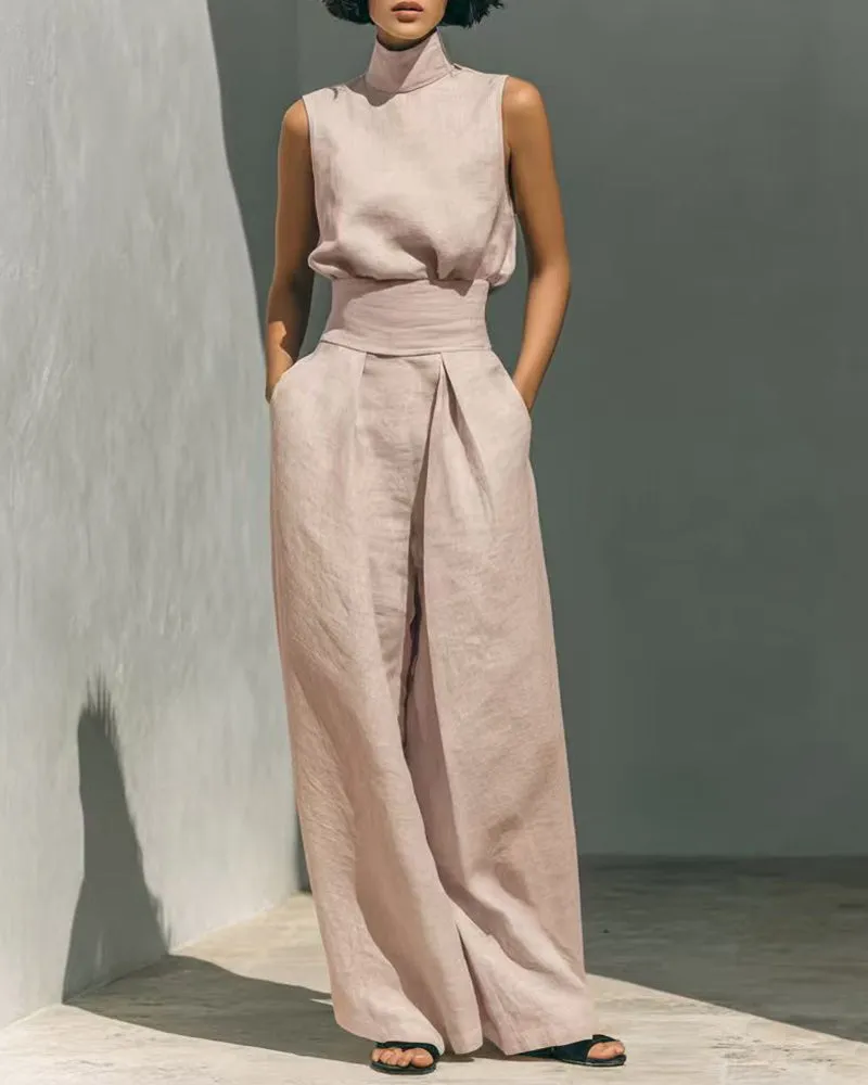 Elegant Minimalist Sleeveless High Neck Top Pants Set sold by zeagoo product image thumbnail 2