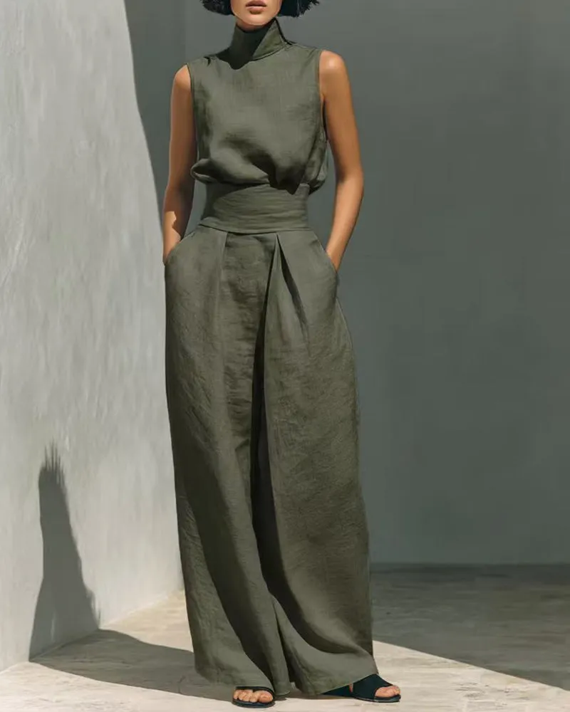 Elegant Minimalist Sleeveless High Neck Top Pants Set sold by zeagoo product image thumbnail 4