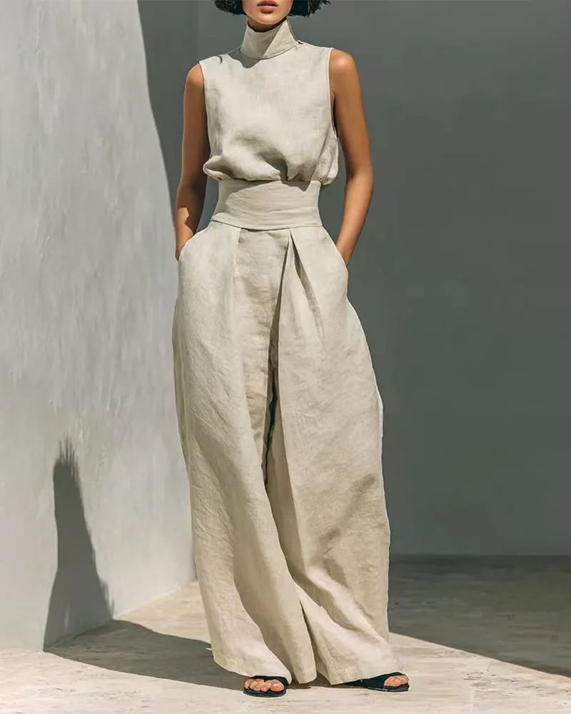 Elegant Minimalist Sleeveless High Neck Top Pants Set sold by zeagoo product image thumbnail 5
