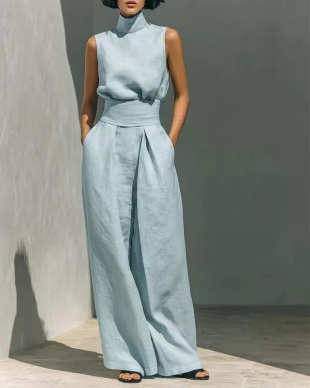 Elegant Minimalist Sleeveless High Neck Top Pants Set made by zeagoo