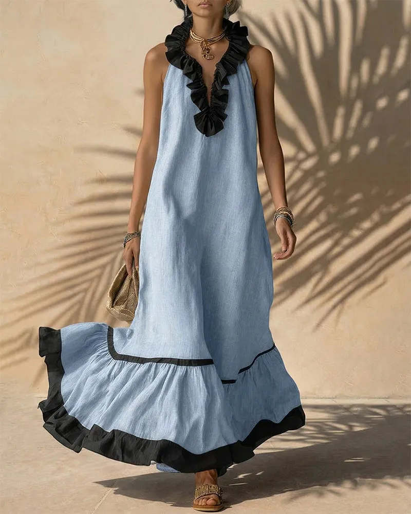 Vacation Linen Blend Contrast Ruffle Trim Maxi Dress sold by zeagoo product image thumbnail 2