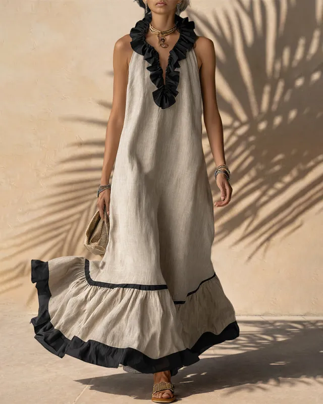 Vacation Linen Blend Contrast Ruffle Trim Maxi Dress made by zeagoo
