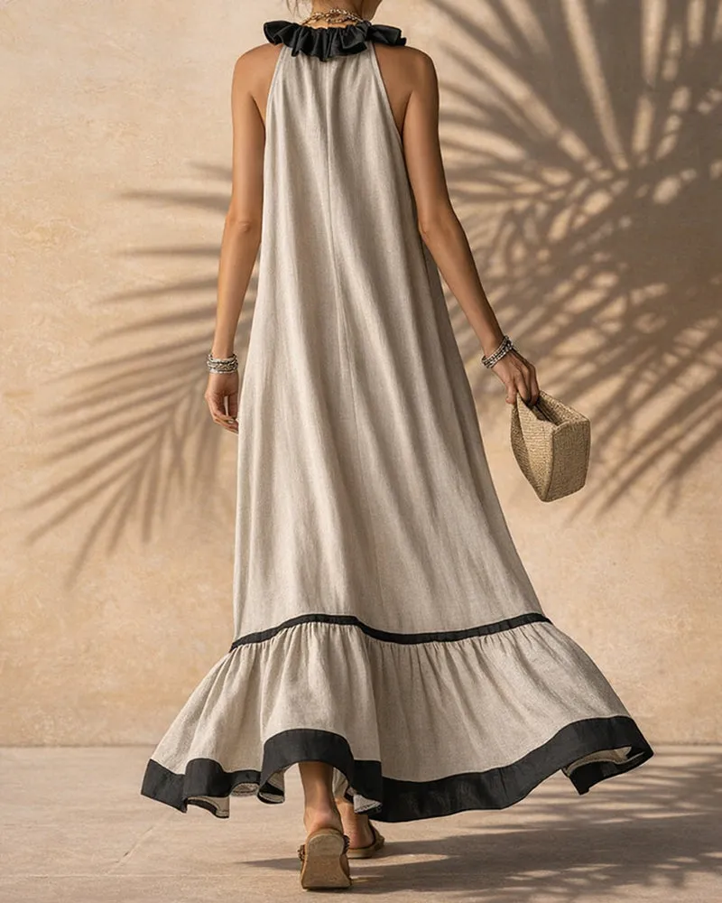 Vacation Linen Blend Contrast Ruffle Trim Maxi Dress sold by zeagoo product image thumbnail 3