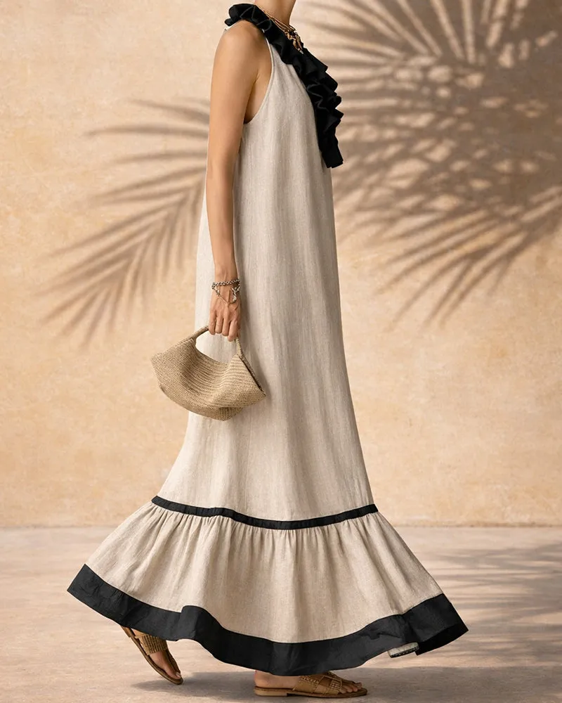 Vacation Linen Blend Contrast Ruffle Trim Maxi Dress sold by zeagoo product image thumbnail 4
