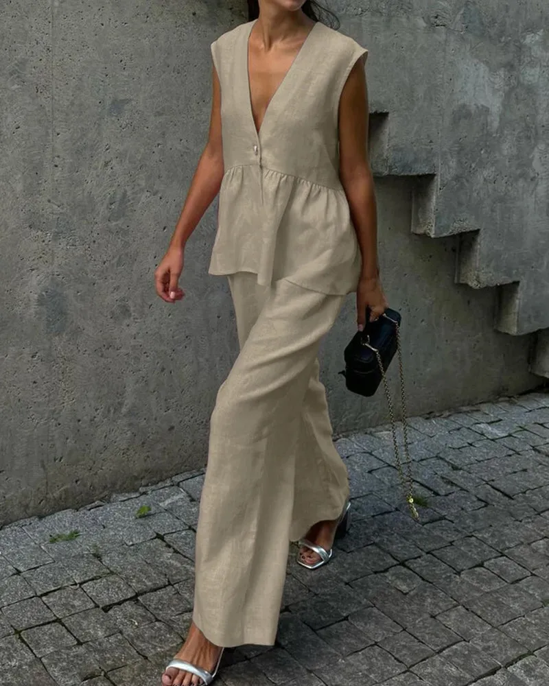 Urban Casual Deep V-neck Tank Top and Wide Legs Pants Set sold by zeagoo product image thumbnail 2