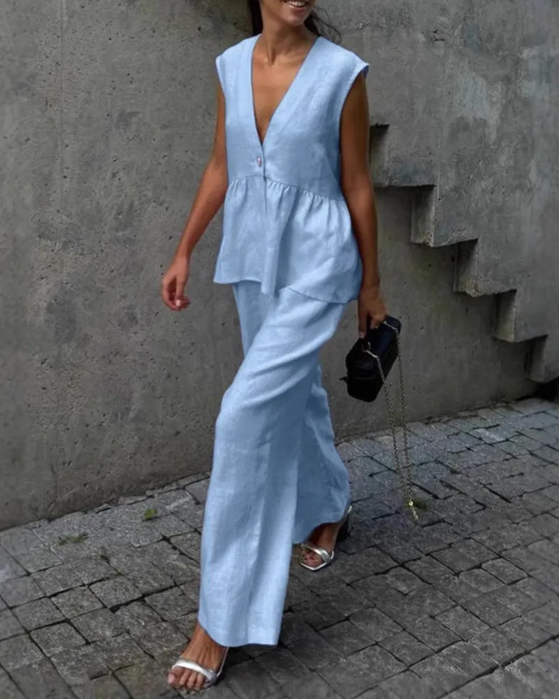 Urban Casual Deep V-neck Tank Top and Wide Legs Pants Set sold by zeagoo product image thumbnail 5
