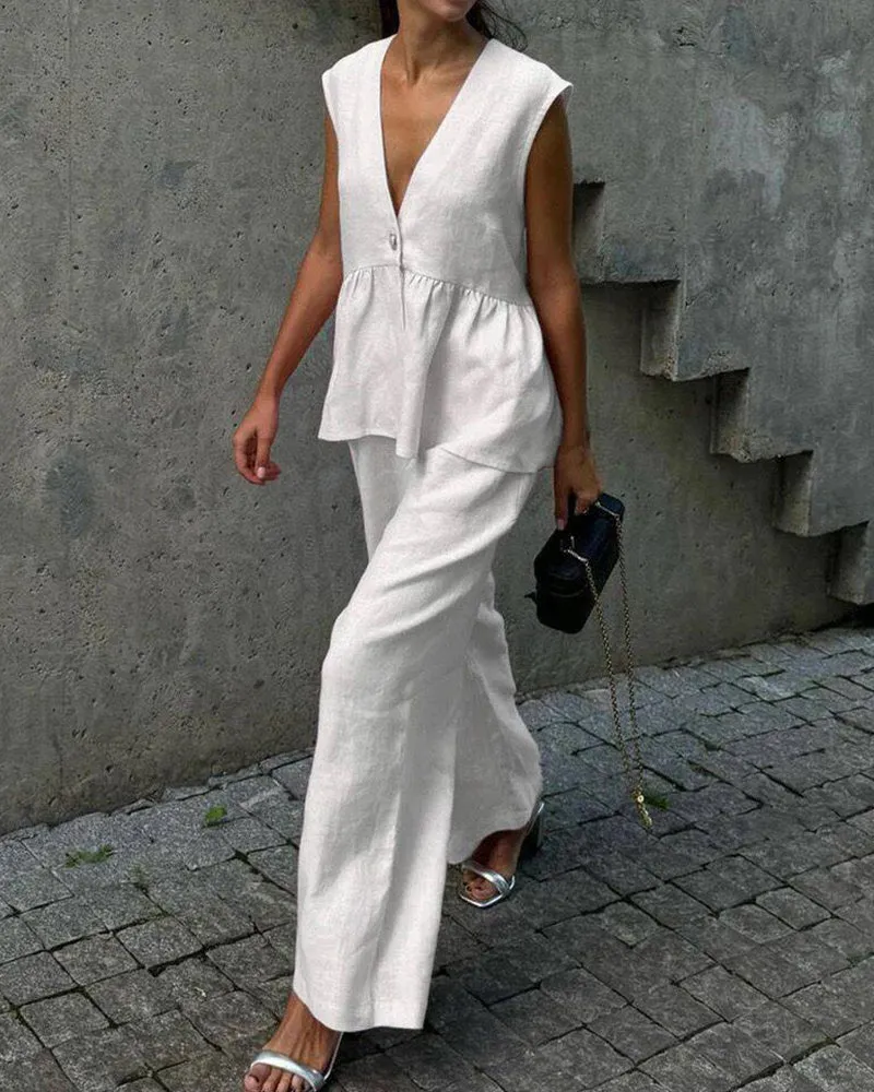 Urban Casual Deep V-neck Tank Top and Wide Legs Pants Set sold by zeagoo product image thumbnail 4