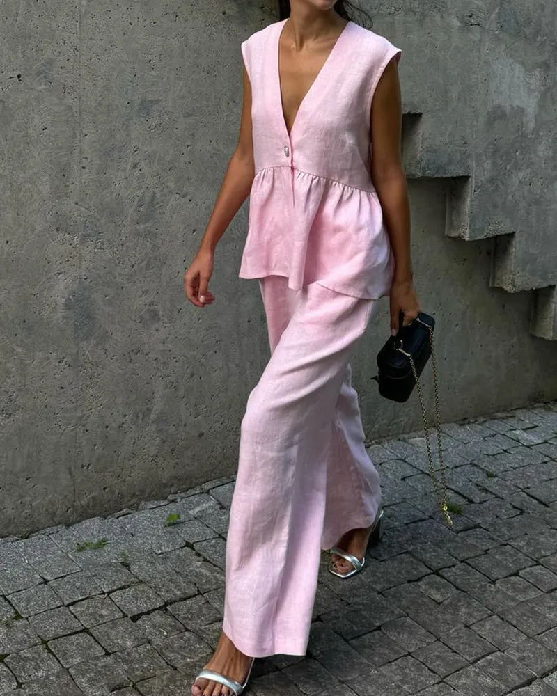 Urban Casual Deep V-neck Tank Top and Wide Legs Pants Set sold by zeagoo