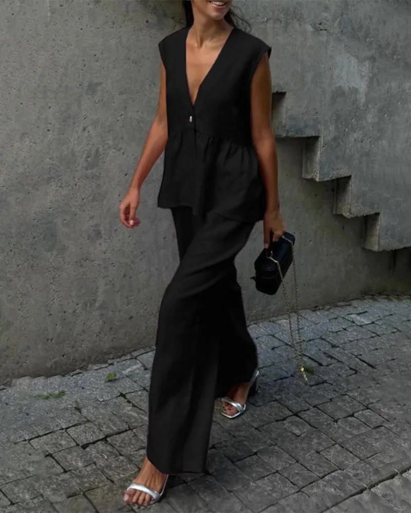 Urban Casual Deep V-neck Tank Top and Wide Legs Pants Set sold by zeagoo product image thumbnail 3