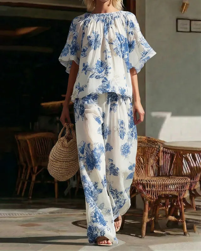 Chic Floral Print Elastic Off Shoulder Matching Set made by zeagoo