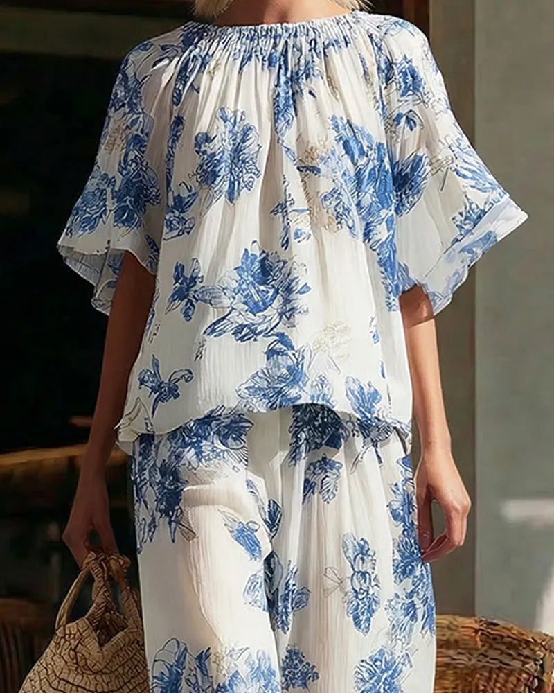 Chic Floral Print Elastic Off Shoulder Matching Set sold by zeagoo product image thumbnail 3