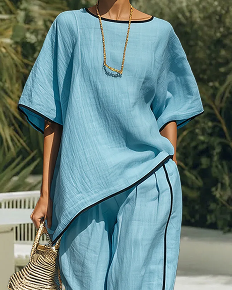 Relaxed Casual Contrast Stitch Linen Blend Matching Set sold by zeagoo product image thumbnail 4