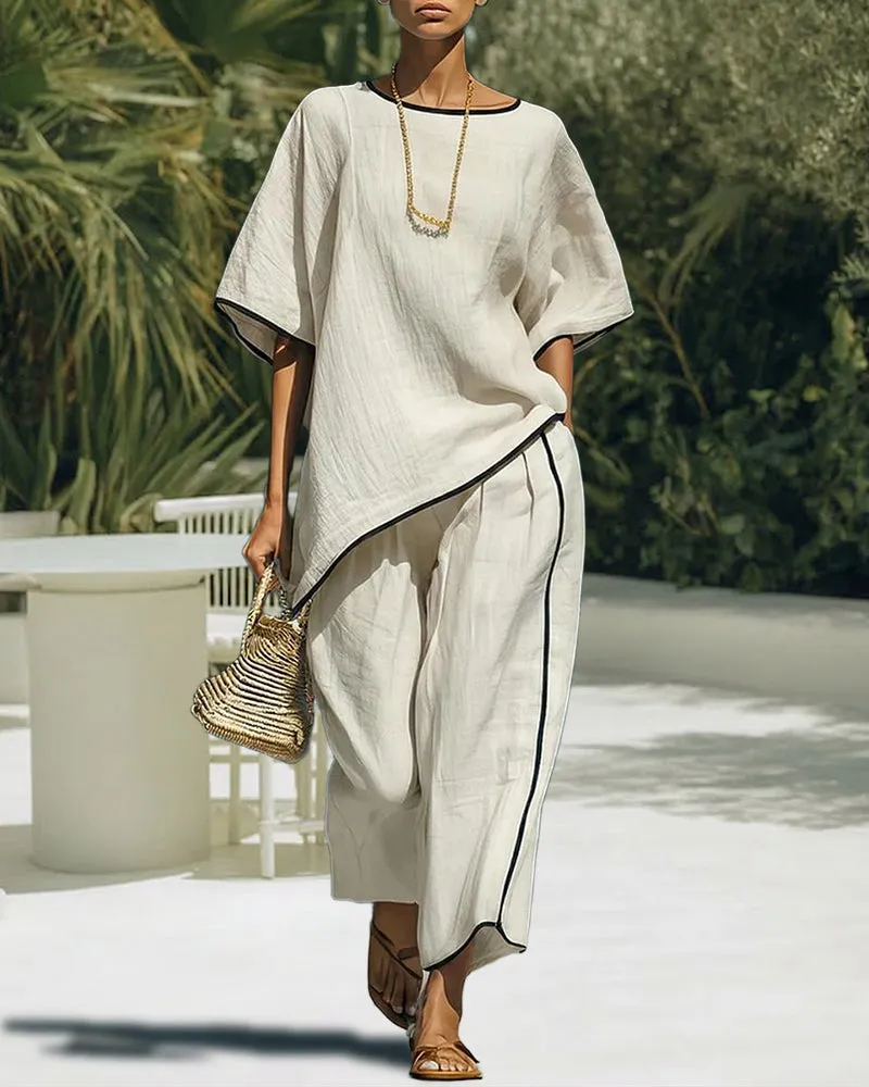 Relaxed Casual Contrast Stitch Linen Blend Matching Set sold by zeagoo product image thumbnail 2