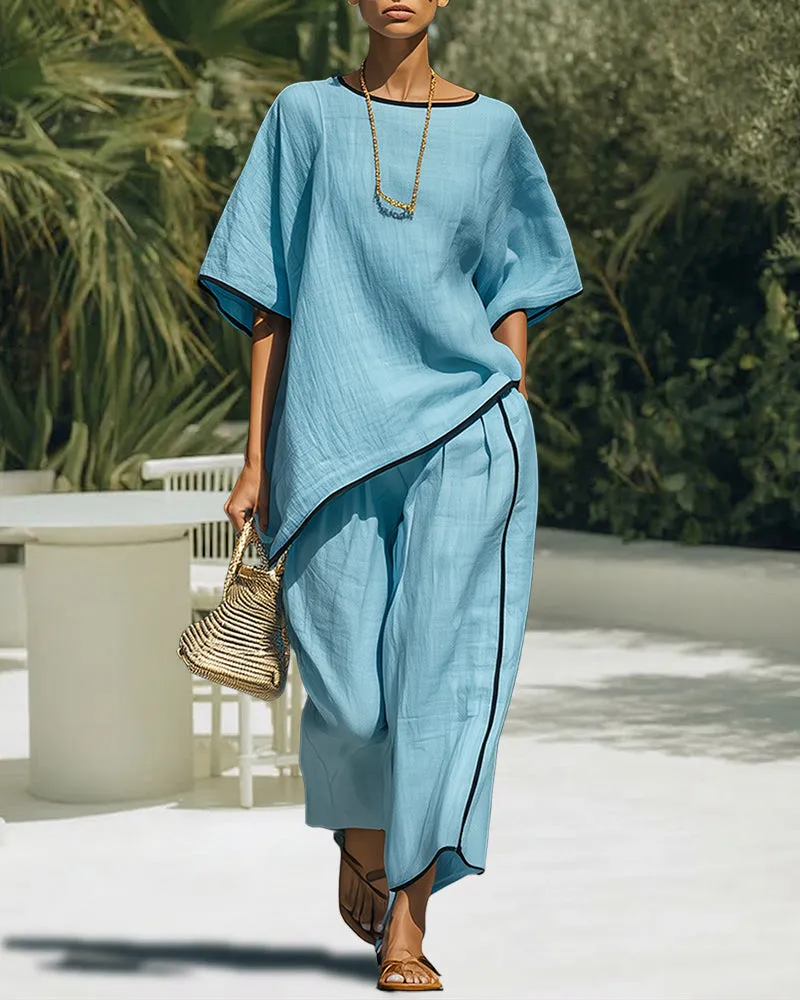 Relaxed Casual Contrast Stitch Linen Blend Matching Set sold by zeagoo