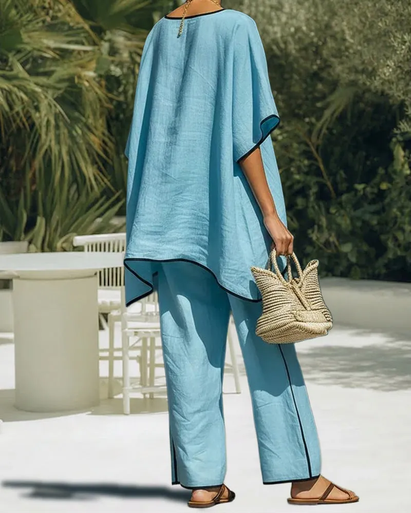 Relaxed Casual Contrast Stitch Linen Blend Matching Set sold by zeagoo product image thumbnail 3