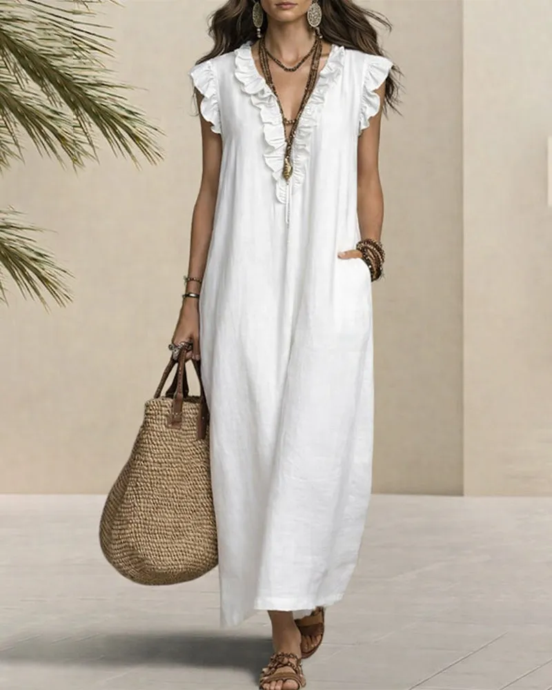 Casual Linen Blend Ruffle Details Sleeveless Maxi Dress sold by zeagoo product image thumbnail 2