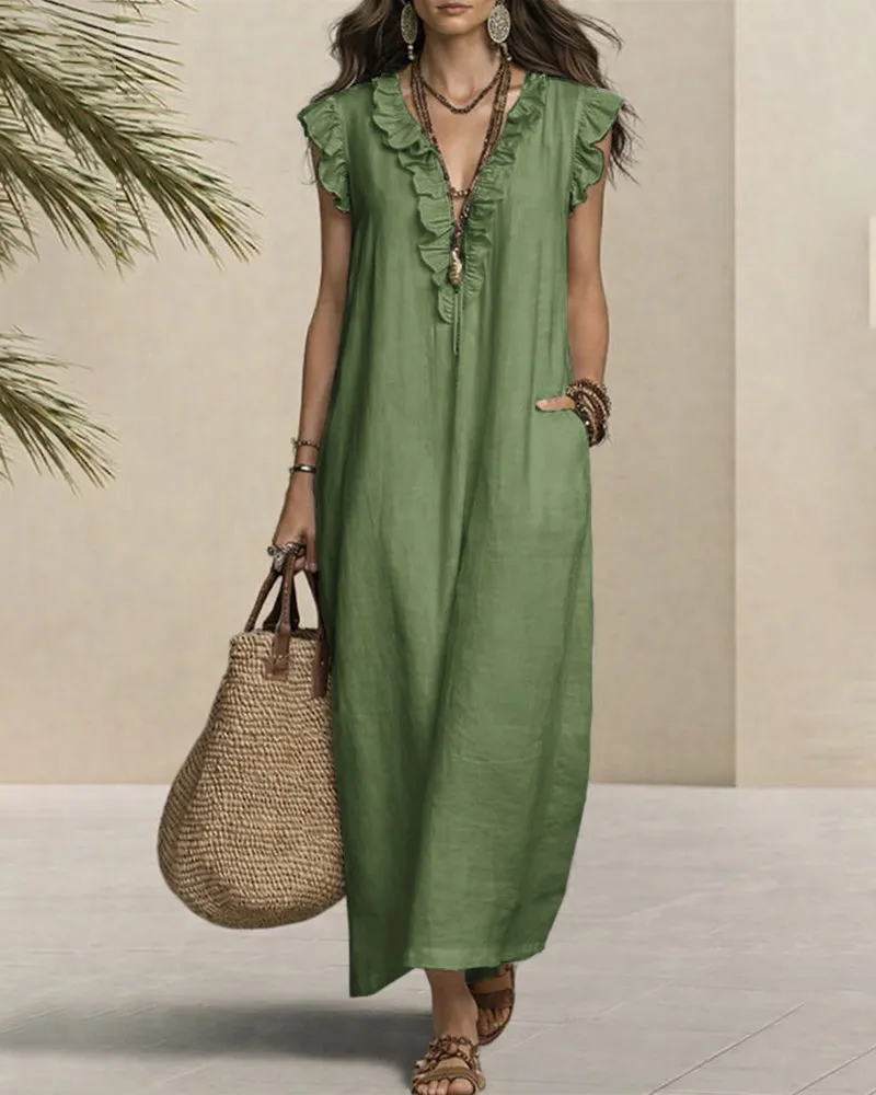 Casual Linen Blend Ruffle Details Sleeveless Maxi Dress sold by zeagoo product image thumbnail 3