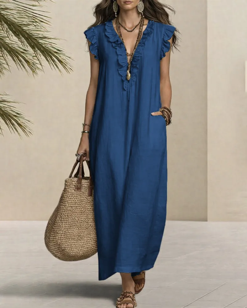Casual Linen Blend Ruffle Details Sleeveless Maxi Dress sold by zeagoo