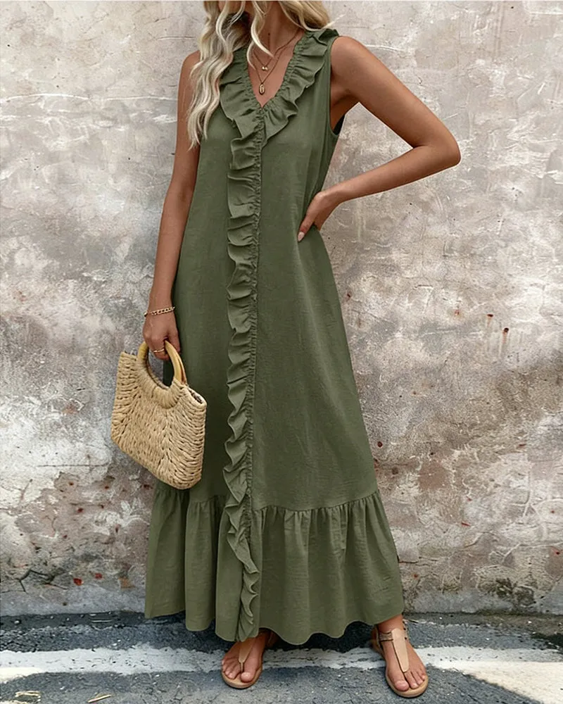 Zeagoo Casual Sleeveless V-neck Ruffled Trim A-line Maxi Dress for Women Casual Beach Vacation Summer 2026 sold by zeagoo product image thumbnail 3