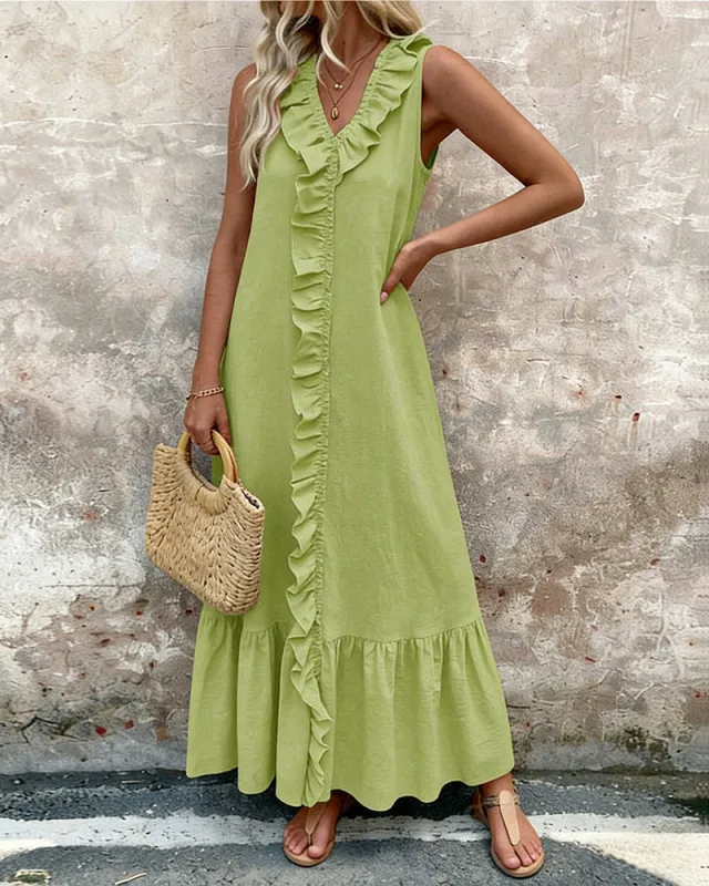 Zeagoo Casual Sleeveless V-neck Ruffled Trim A-line Maxi Dress for Women Casual Beach Vacation Summer 2026 made by zeagoo