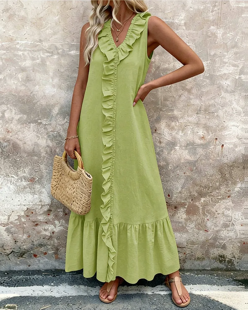 Zeagoo Casual Sleeveless V-neck Ruffled Trim A-line Maxi Dress for Women Casual Beach Vacation Summer 2026 sold by zeagoo