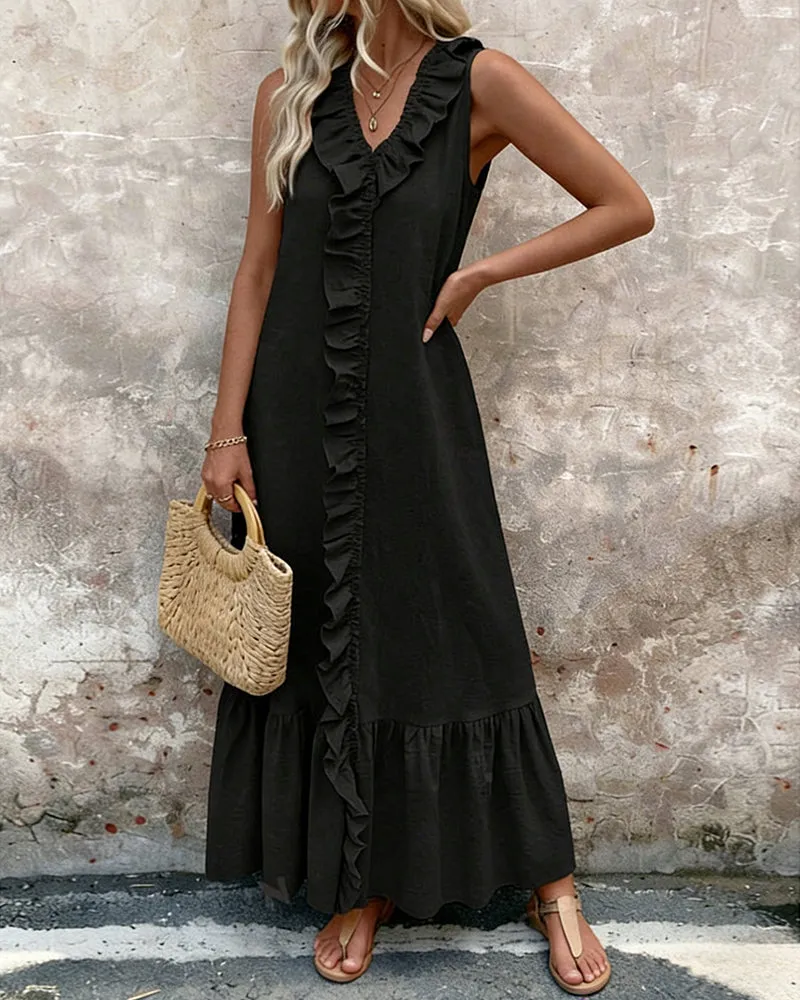 Zeagoo Casual Sleeveless V-neck Ruffled Trim A-line Maxi Dress for Women Casual Beach Vacation Summer 2026 sold by zeagoo product image thumbnail 4