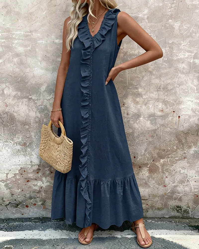 Zeagoo Casual Sleeveless V-neck Ruffled Trim A-line Maxi Dress for Women Casual Beach Vacation Summer 2026 sold by zeagoo product image thumbnail 5