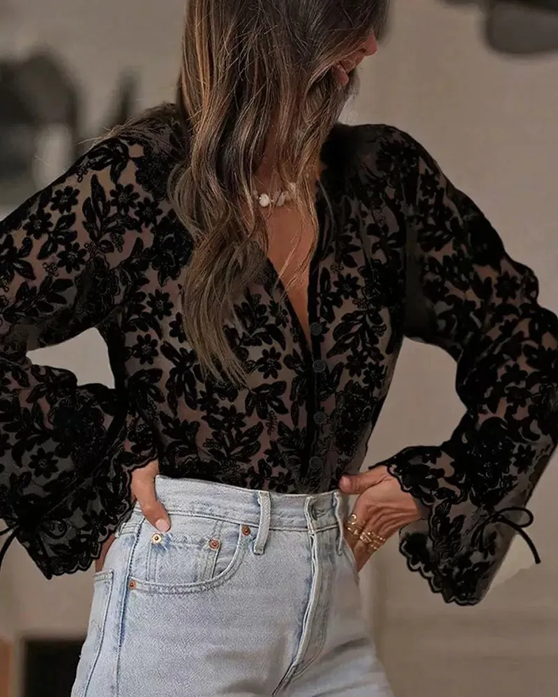 Delicate Lace Floral Hollow Out Blouse sold by zeagoo product image thumbnail 2