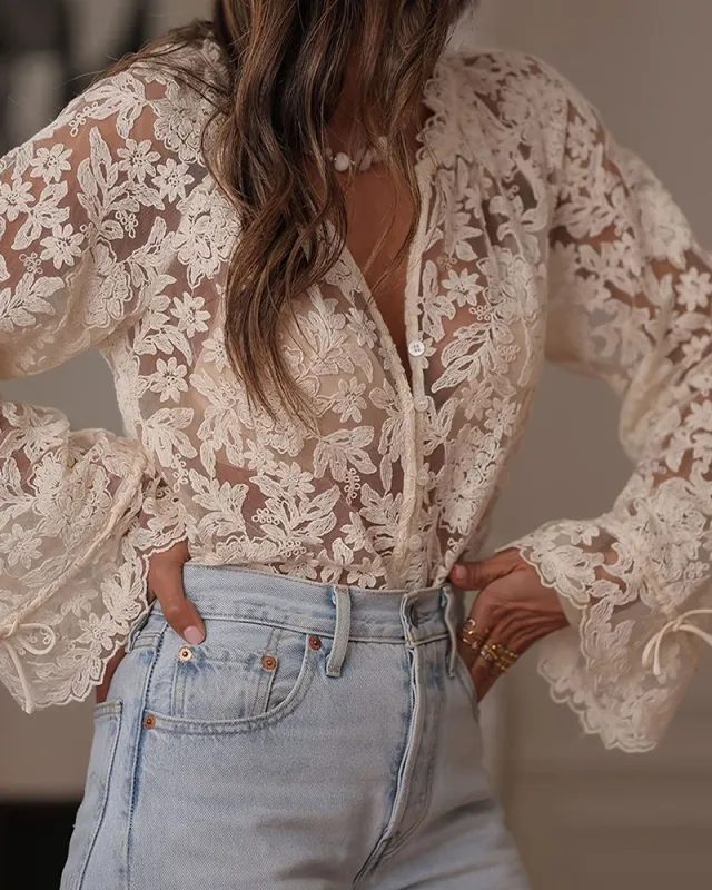 Delicate Lace Floral Hollow Out Blouse made by zeagoo