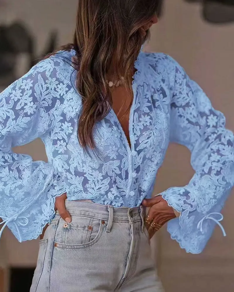 Delicate Lace Floral Hollow Out Blouse sold by zeagoo product image thumbnail 3
