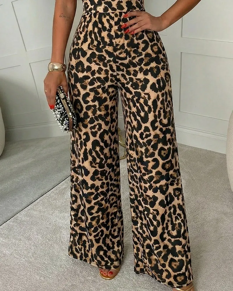 Zeagoo Women's 2026 Summer Leopard Print Sleeveless Wide Leg Jumpsuit Casual Elegant One Piece Romper Vacation Resort Outfit sold by zeagoo product image thumbnail 4