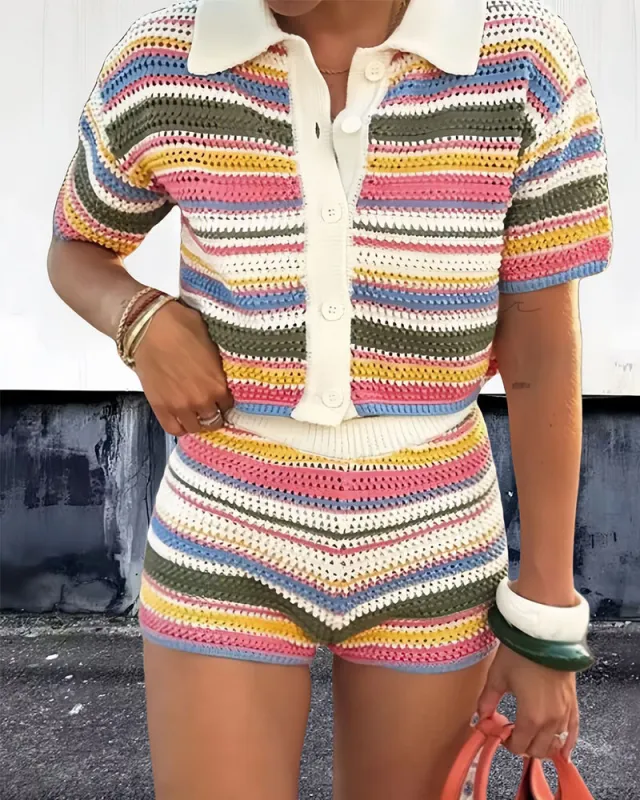 Retro Vacation Style Rainbow Stripe Crochet Short Set made by zeagoo
