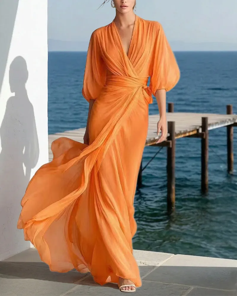 Flowy Layered Lantern Sleeves Maxi Dress sold by zeagoo product image thumbnail 4