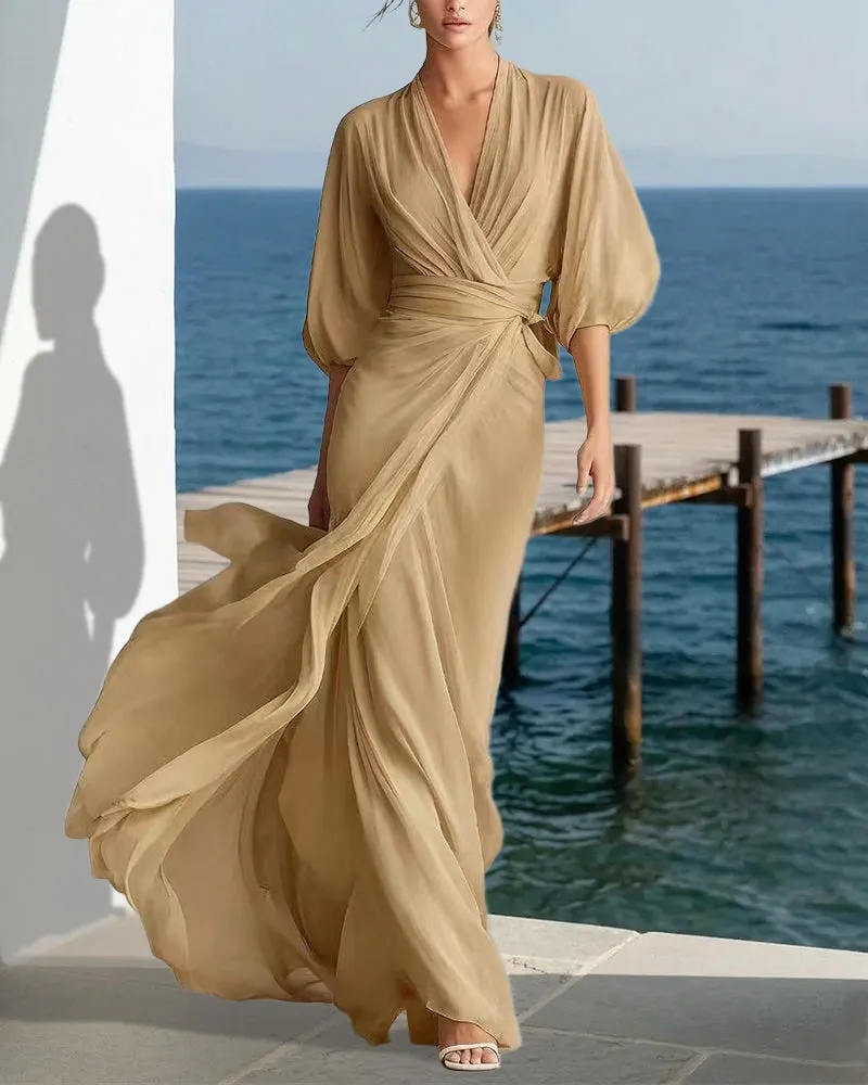 Flowy Layered Lantern Sleeves Maxi Dress sold by zeagoo product image thumbnail 3