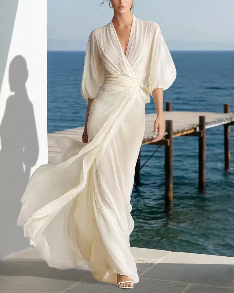 Flowy Layered Lantern Sleeves Maxi Dress sold by zeagoo