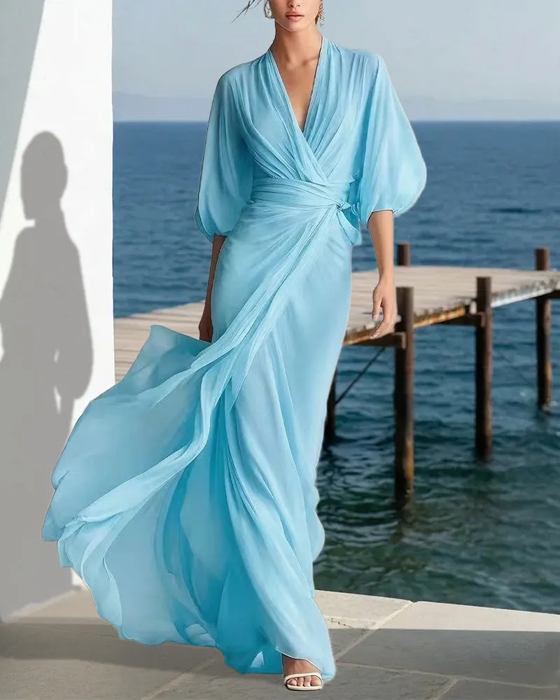 Flowy Layered Lantern Sleeves Maxi Dress sold by zeagoo product image thumbnail 2