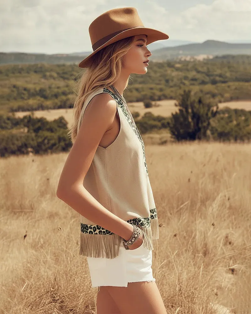 Retro Leopard Print Trim Faux Suede Tassel Tank Top sold by zeagoo product image thumbnail 4