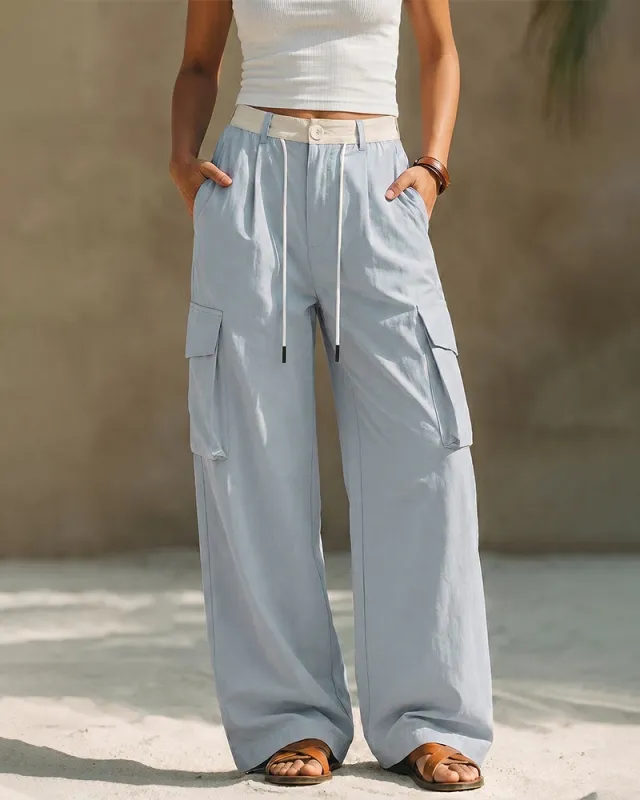 Loose Fit High-Rise Contrast Waistband Cargo Pants made by zeagoo