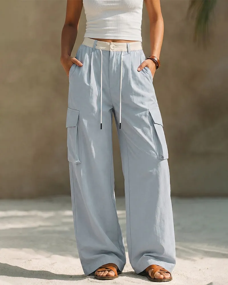 Loose Fit High-Rise Contrast Waistband Cargo Pants sold by zeagoo