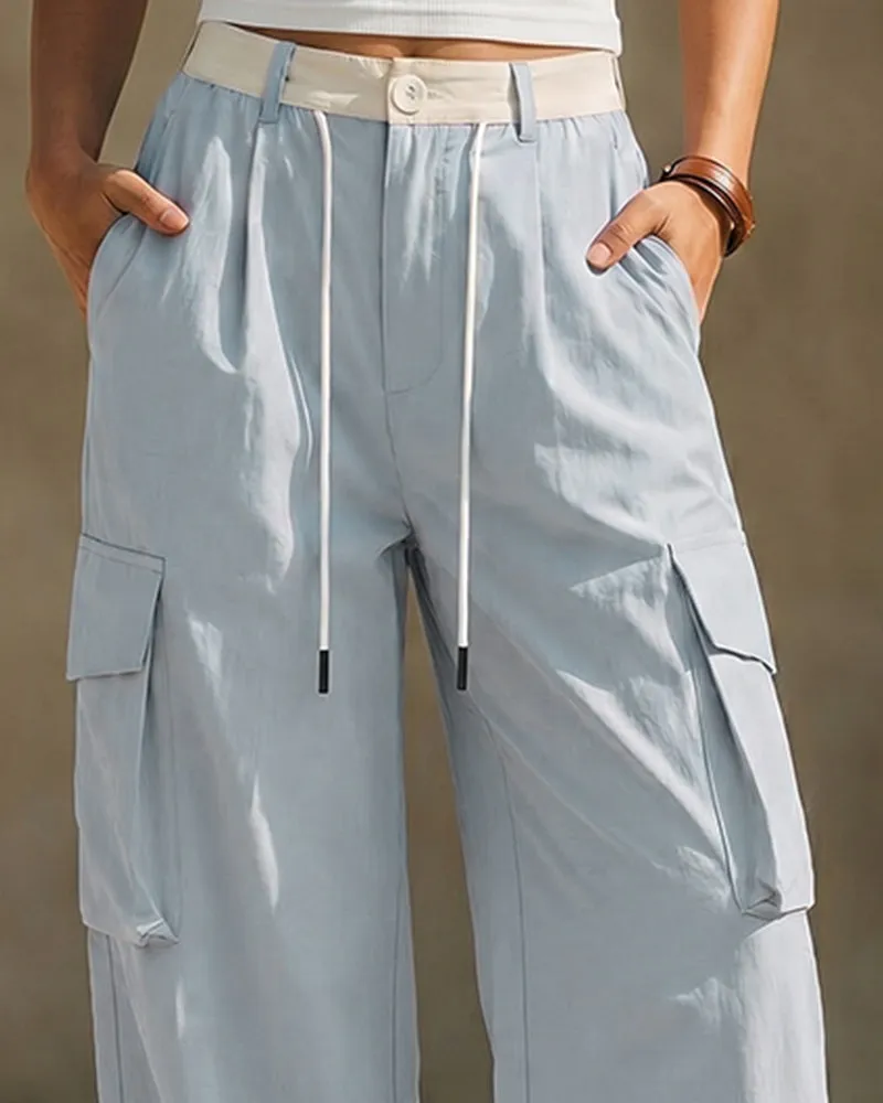 Loose Fit High-Rise Contrast Waistband Cargo Pants sold by zeagoo product image thumbnail 3