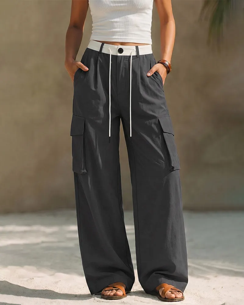 Loose Fit High-Rise Contrast Waistband Cargo Pants sold by zeagoo product image thumbnail 2