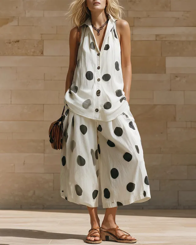 Resort Casual Linen Blend Polkadot Matching Set made by zeagoo