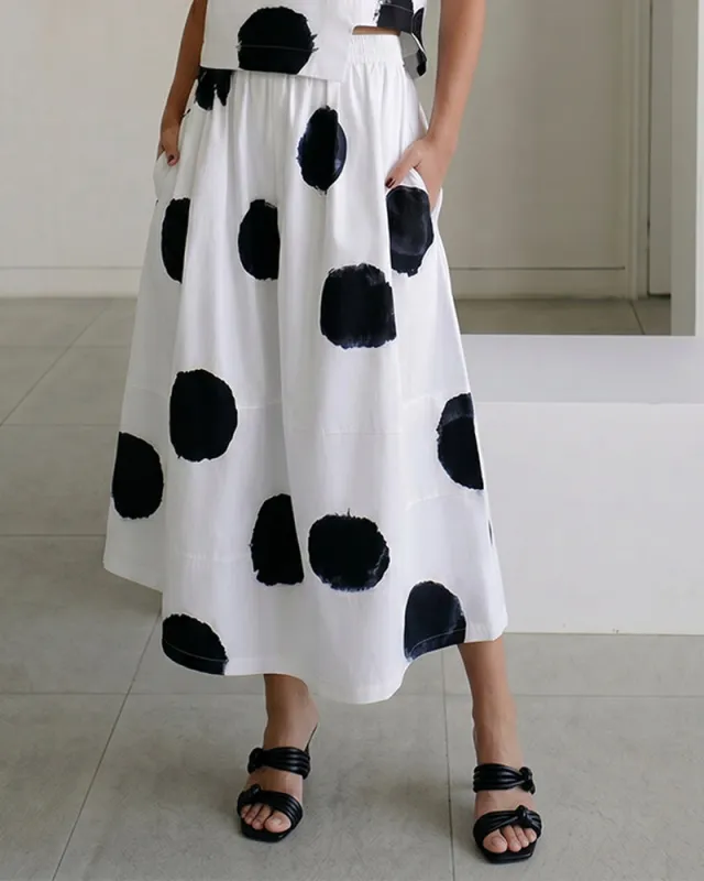 Polkadot Elastic Waist Pocket Detail Midi Skirt made by zeagoo